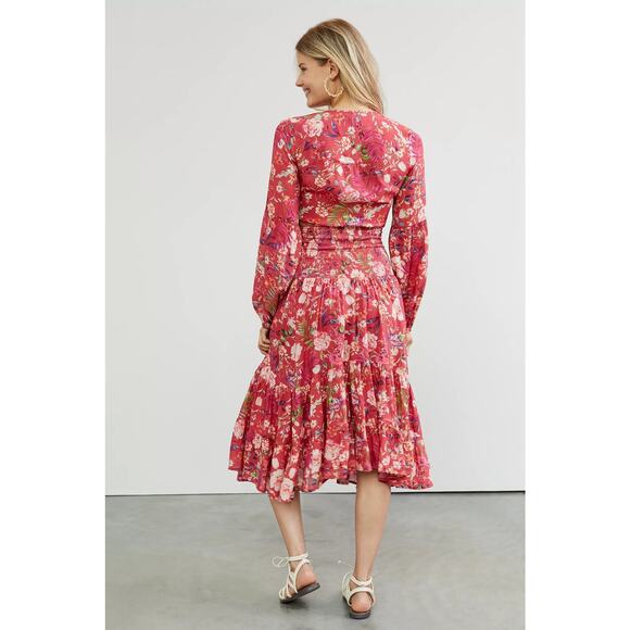 New Anthropologie Smocked Floral Midi Skirt & Tie Front Top Set $148 MEDIUM Red - Picture 3 of 4